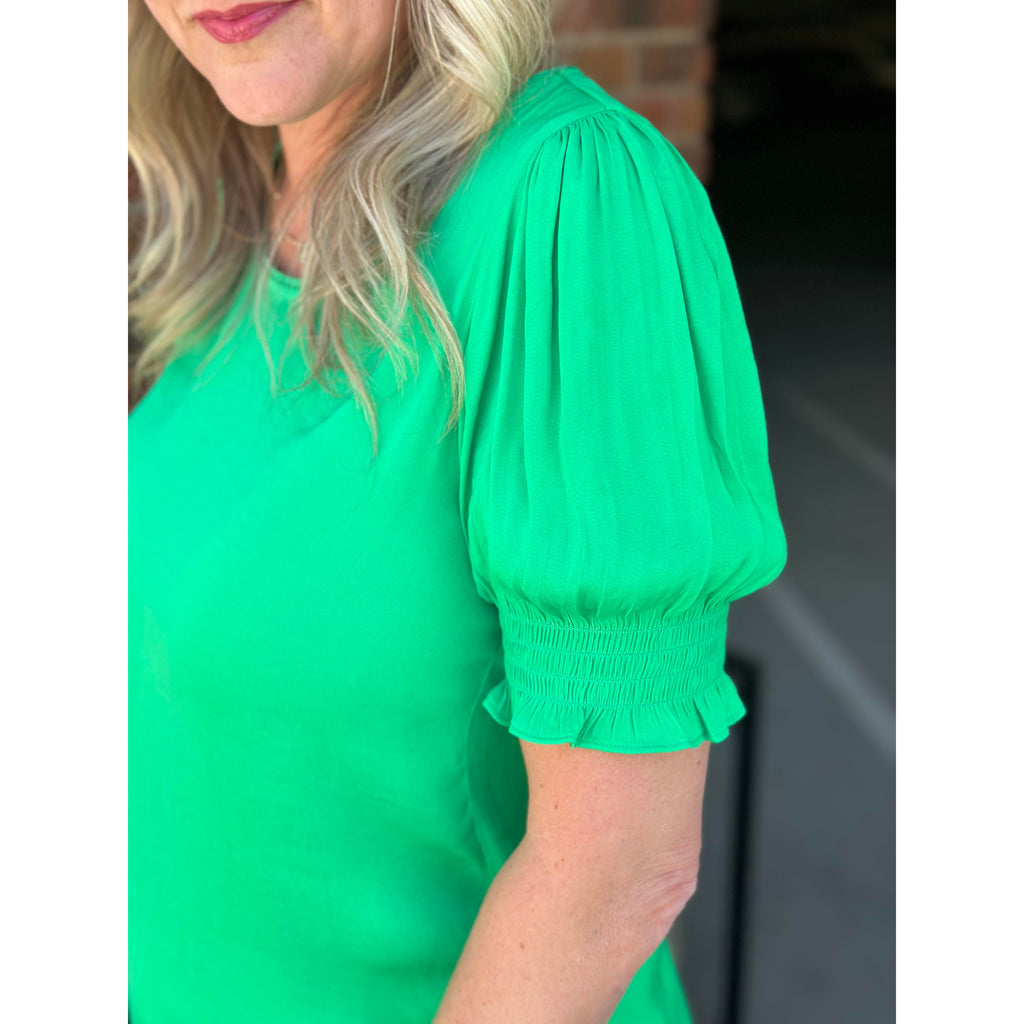 Kailey Cinched Short Sleeve Blouse-Kelly Green