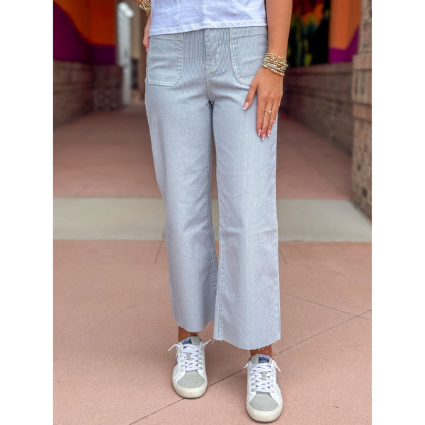 Mica Denim High Rise Pinstripe Wide Leg Crop Jeans - Aqua White