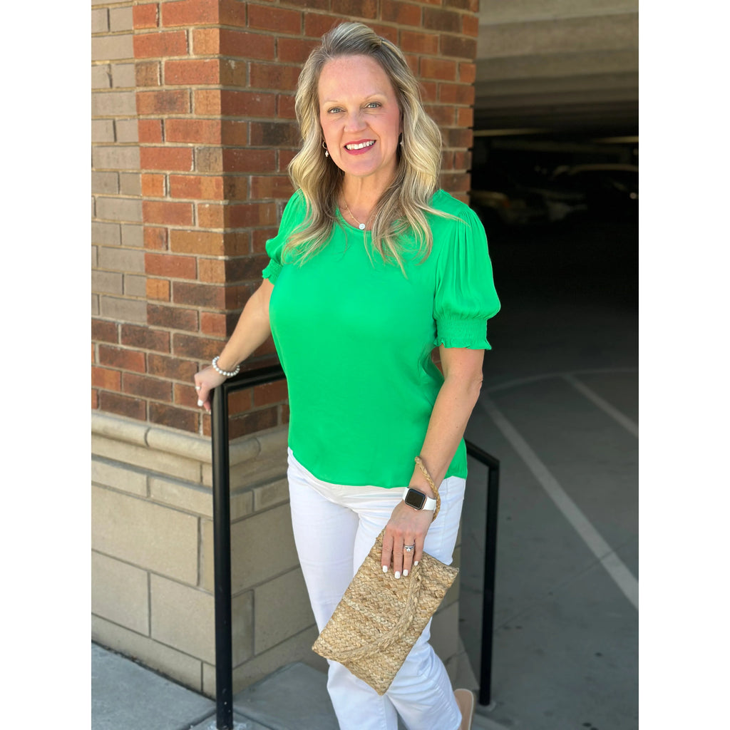 Kailey Cinched Short Sleeve Blouse-Kelly Green