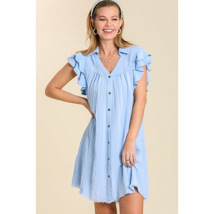 Madelyn Snow Washed Button-Up Dress with Unfinished Frayed Hem - Light Blue