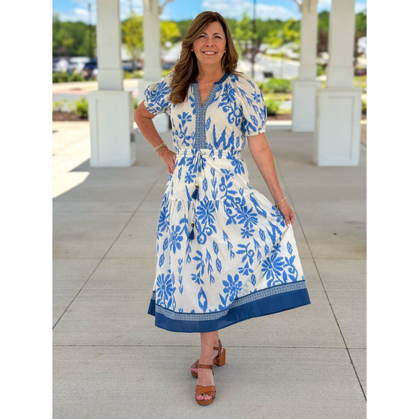 long blue flower dress Camilla Dress- Blue Pinstripes L main image 0