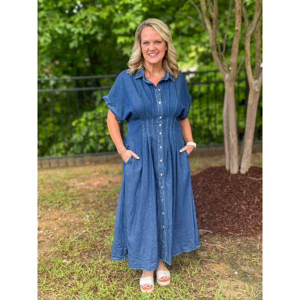 Christie Pleated Waist Midi Dress - Denim - FINAL SALE – Bless