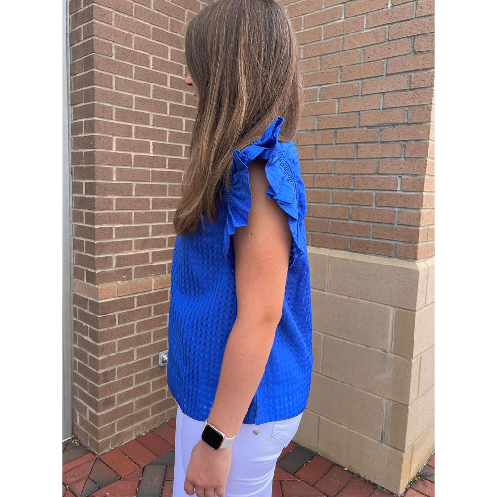 Jodi Textured-Check Ruffled Shoulder Top - Royal Blue - FINAL SALE