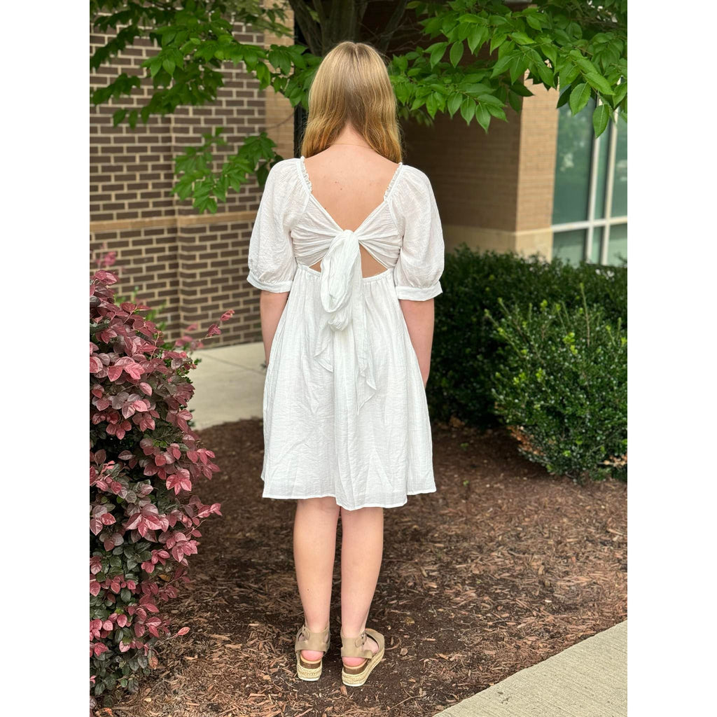 Emma Textured Pleated Babydoll Puff Sleeve Dress - Off White
