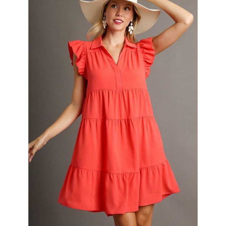 Everly Tiered Flutter Sleeve Dress - Coral