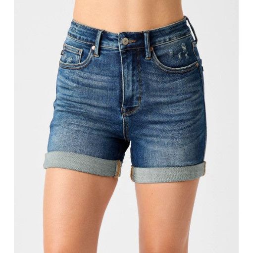 Judy Blue High Waist Tummy Control Vintage Wash Cuffed Shorts Dark W Bless Your Heart Boutique