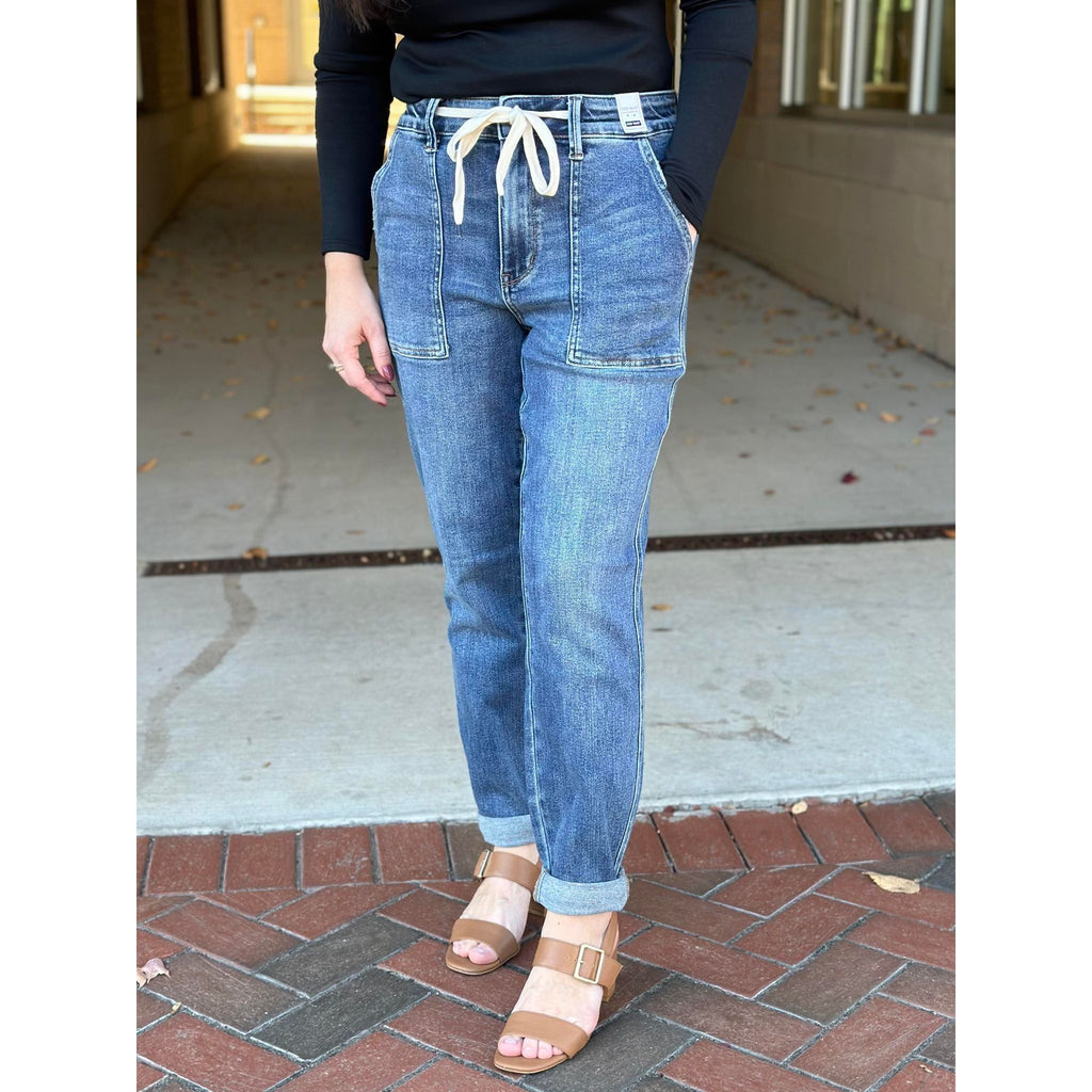 Judy Blue High Waisted Elastic Drawstring and Cuffed Jogger Jeans - Medium Wash