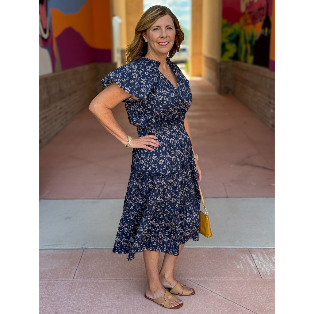 Brynn Floral Tiered Midi Dress - Navy