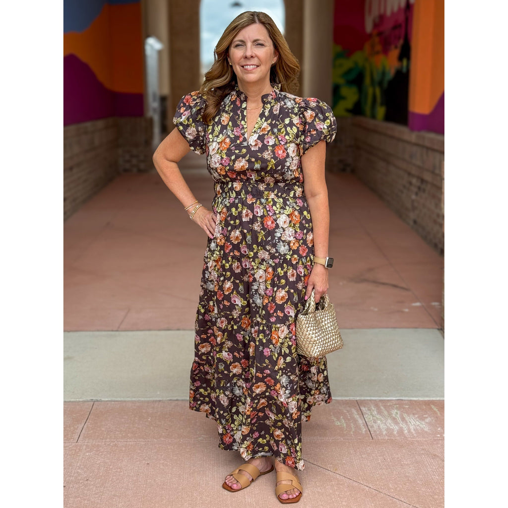 Haven Floral Print Short Puff Sleeve Midi Dress - Chocolate