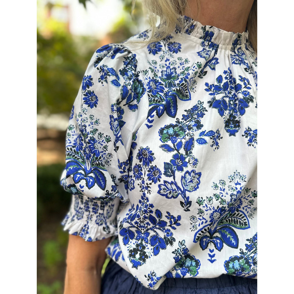 Viara Floral Short Sleeve Blouse - Blues/White