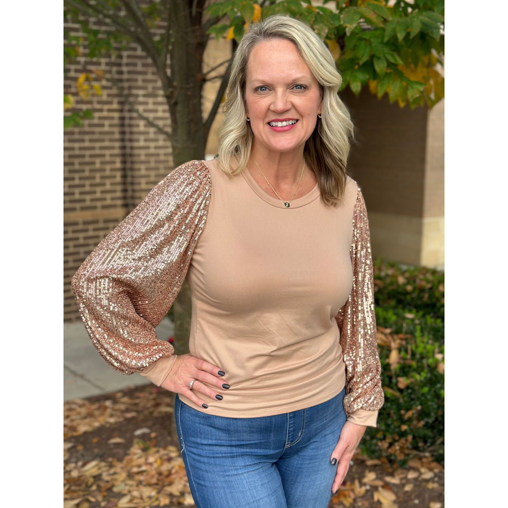 Samantha Sequin Sleeve Top  - Taupe