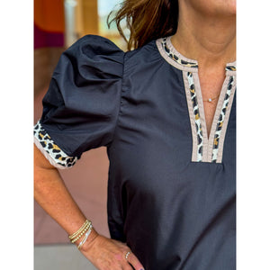 Angela V-Neck Top with Leopard Print Accents - Black