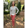 Jessa V-Neck Knit Woven Combo Top - Heather Grey