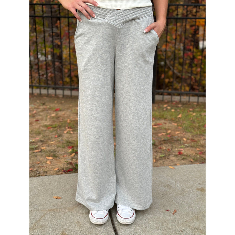 Olivia Ribbed Crossover Waist Wide Leg Lounge Pants - Heather Grey