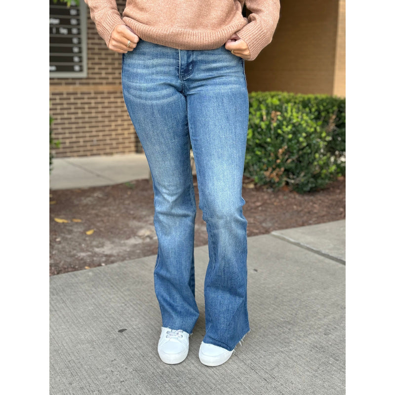 Judy Blue Mid Rise Tummy Control Vintage Wash Cut Hem Flare Jeans - Medium