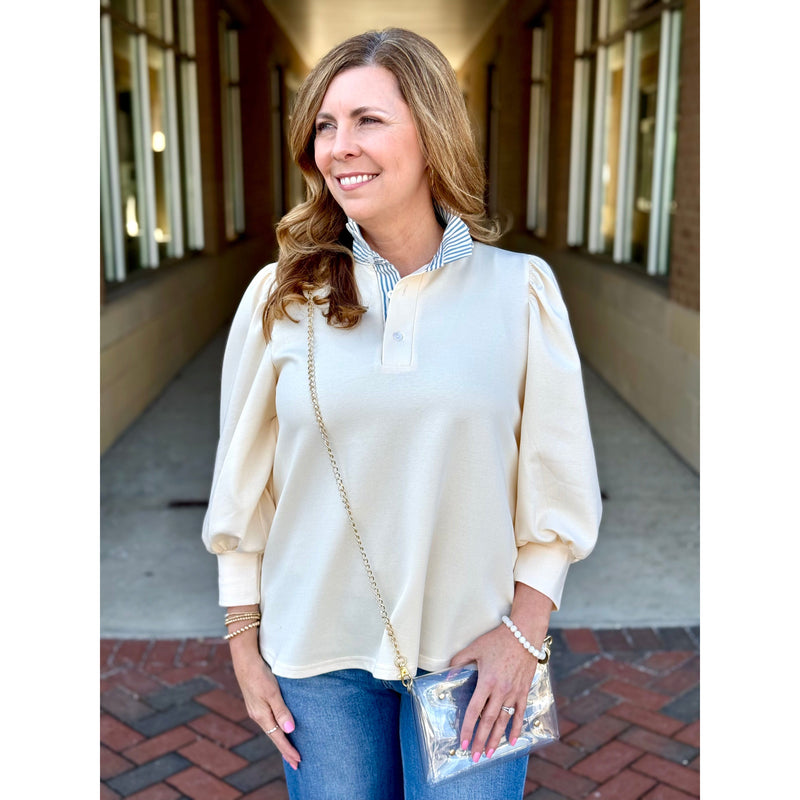 Venita Solid 3/4 Balloon Sleeve Top - Cream