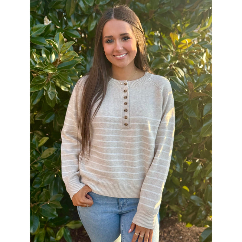 Lysa Striped Button Up Sweater - Taupe