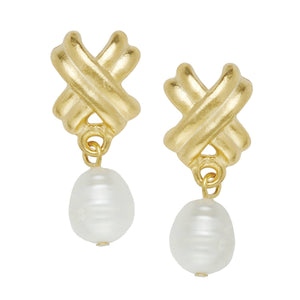 Susan Shaw Gold Small Texas X's with Freshwater Pearl Earrings