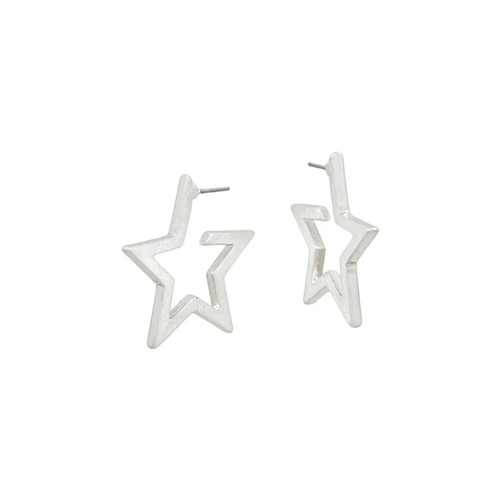 1" Star Shaped Hoop Earrings - Matte Silver