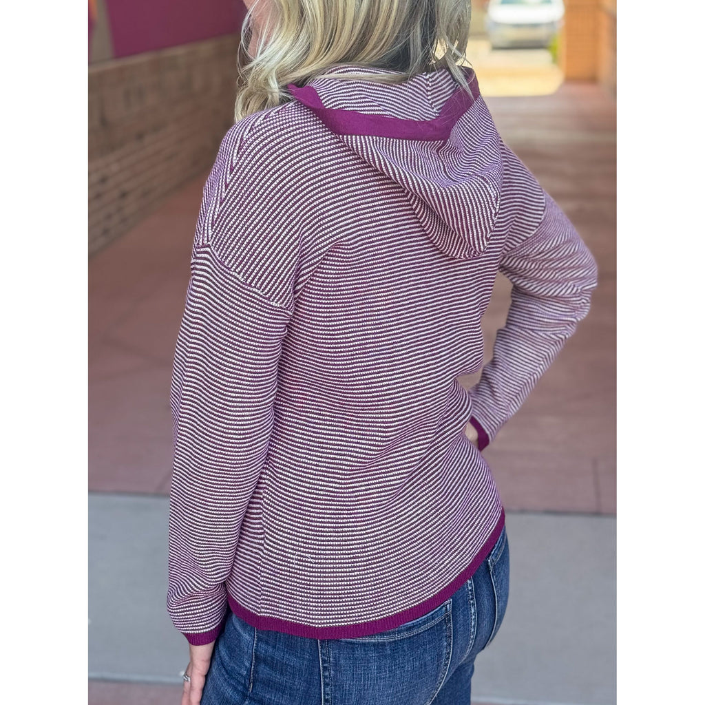 Missy Waffle Texture Striped Pullover Hoodie - Dark Magenta