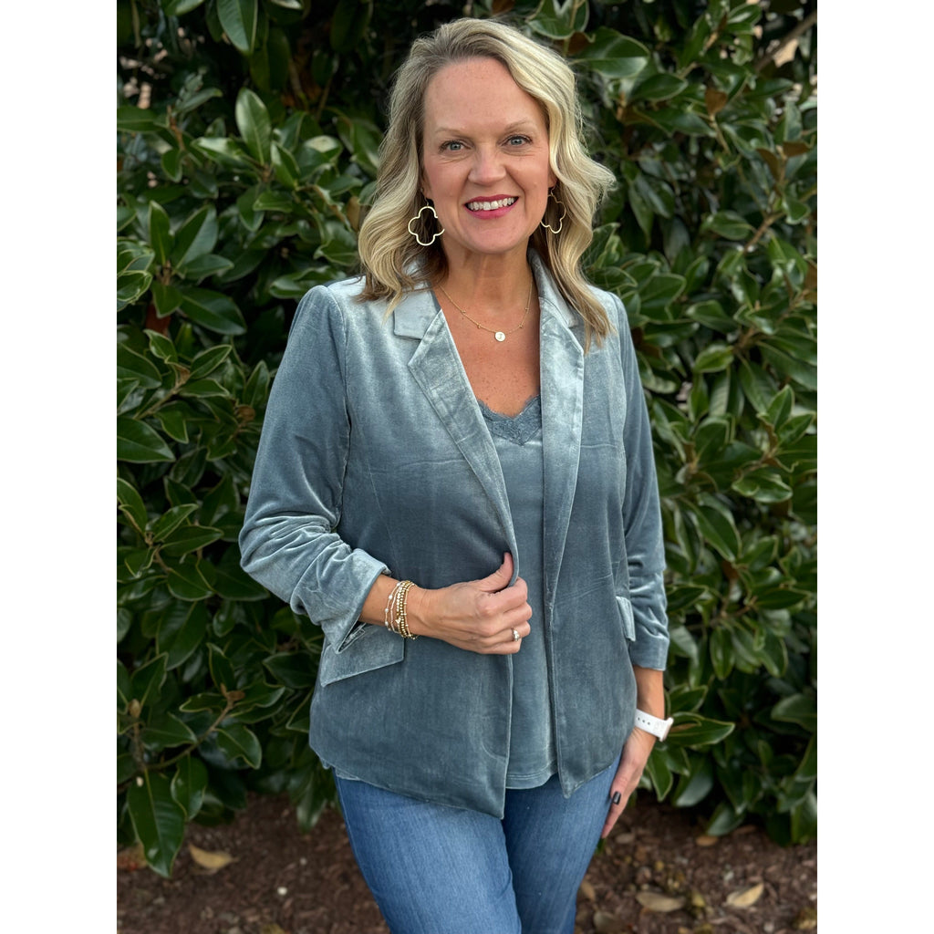 Harbor Ruched Sleeve Velvet Blazer - Dusty Blue