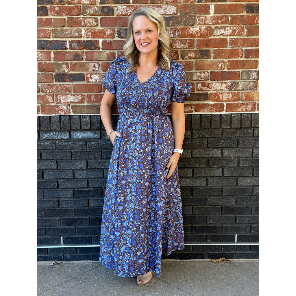 Bruceton Floral Smocked Dress - Brown/Blue