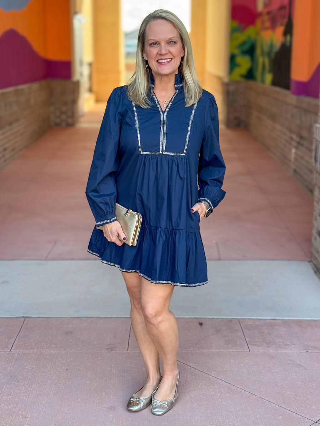 Gracelyn Long Sleeve Ruffled Collar Mini Dress - Navy
