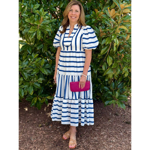 Janna Short Bubble Sleeve Pullover Striped Dress - Navy/White