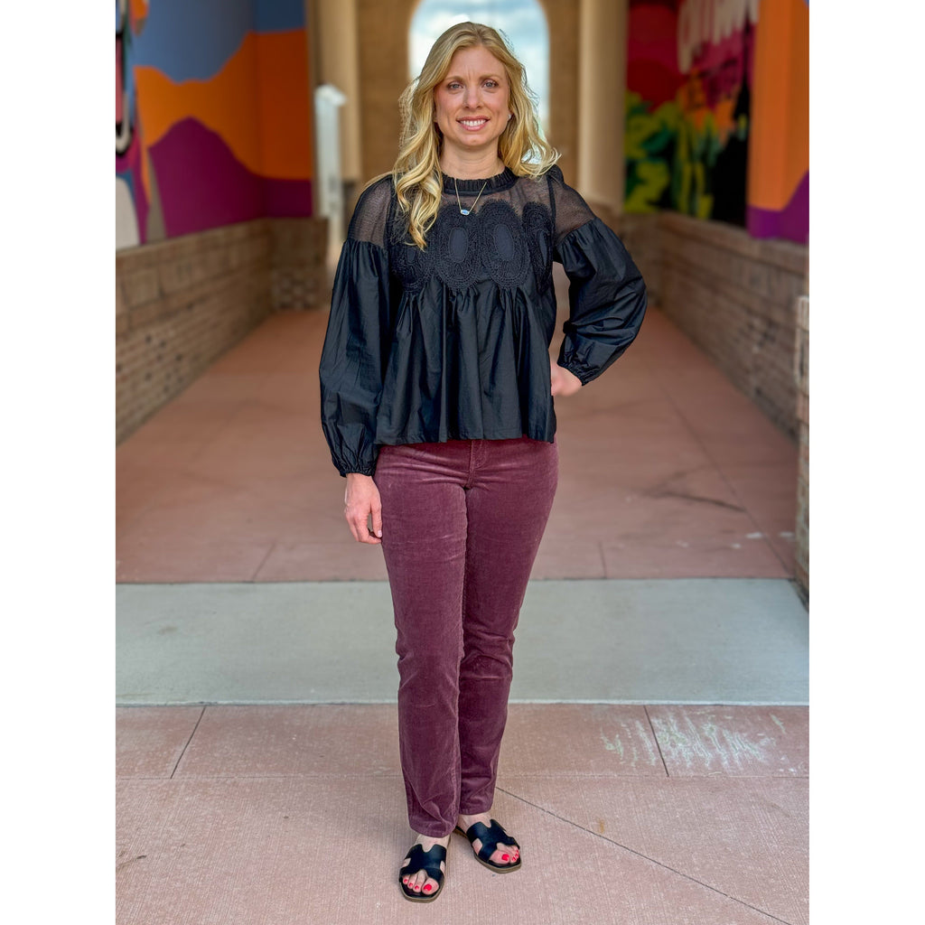 Stevie Lace Applique Detail Long Sleeve Blouse - Black