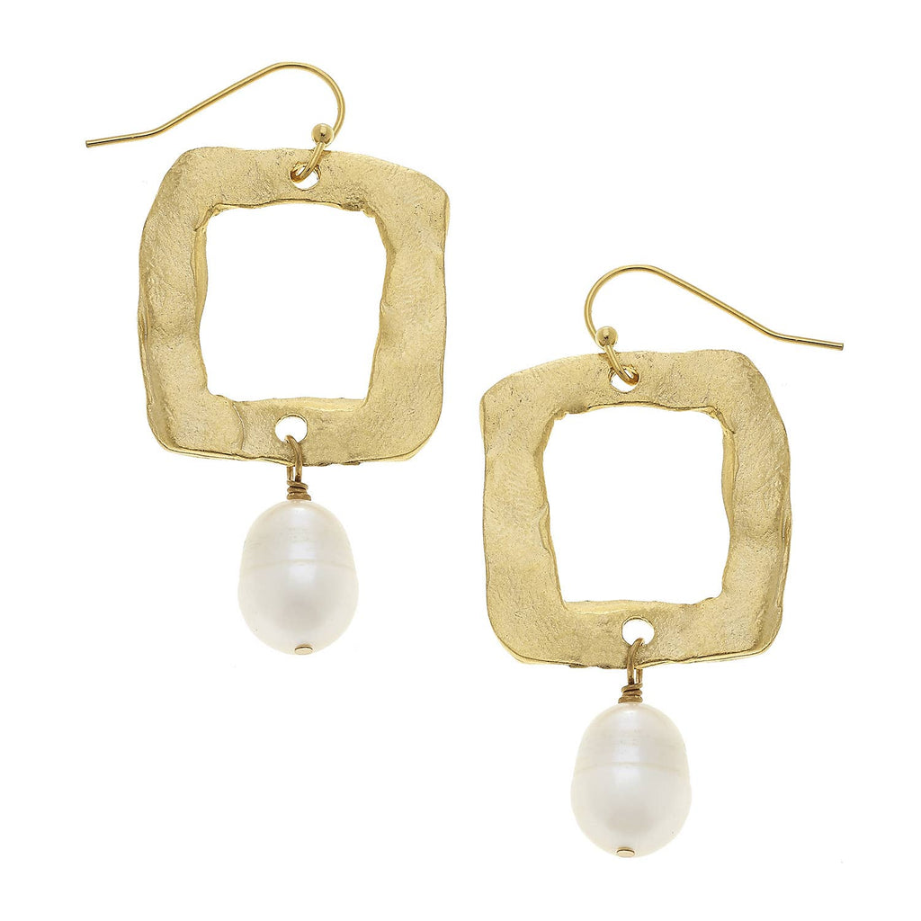 Susan Shaw Gold Open Square and Genuine Freshwater Pearl Earrings