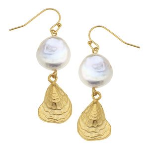 Susan Shaw Gold Oyster Shell with Genuine Freshwater Pearl Earrings