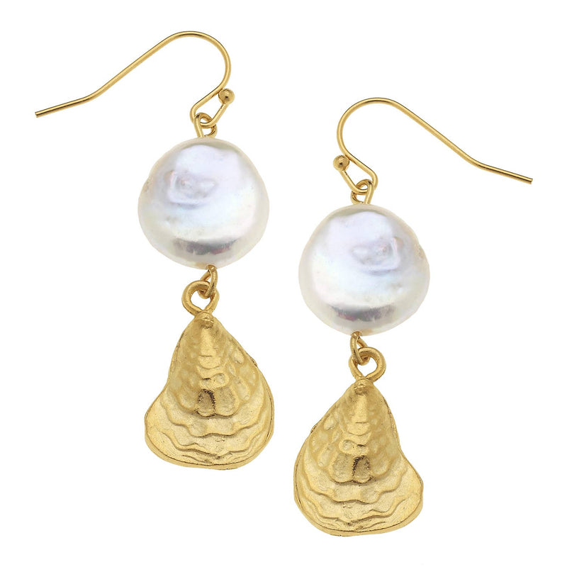 Susan Shaw Gold Oyster Shell with Genuine Freshwater Pearl Earrings