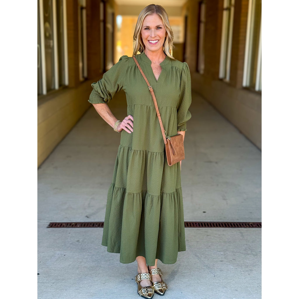 Cyndi Textured Tiered Midi Dress - Olive