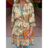 Geri Split Neck Balloon Sleeve Mini Dress - Taupe/Teal/Multi