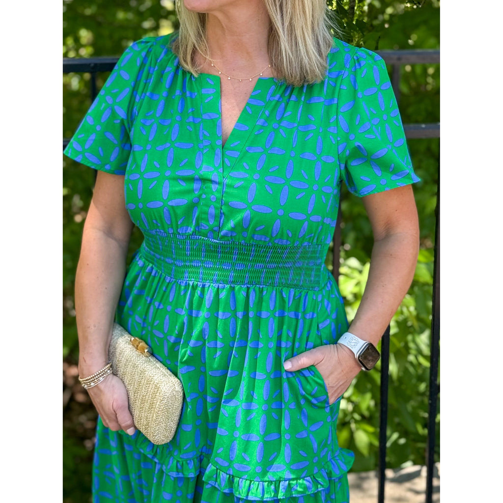 Palmer Poplin Tiered Maxi Dress - Green/Blue