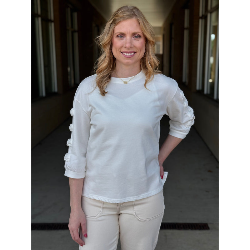 Lyssa Solid Sweatshirt with 3/4 Sleeves and Bow Ties - White