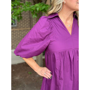 Mariana Collared Short Bubble Sleeve Mini Dress - Eggplant - FINAL SALE