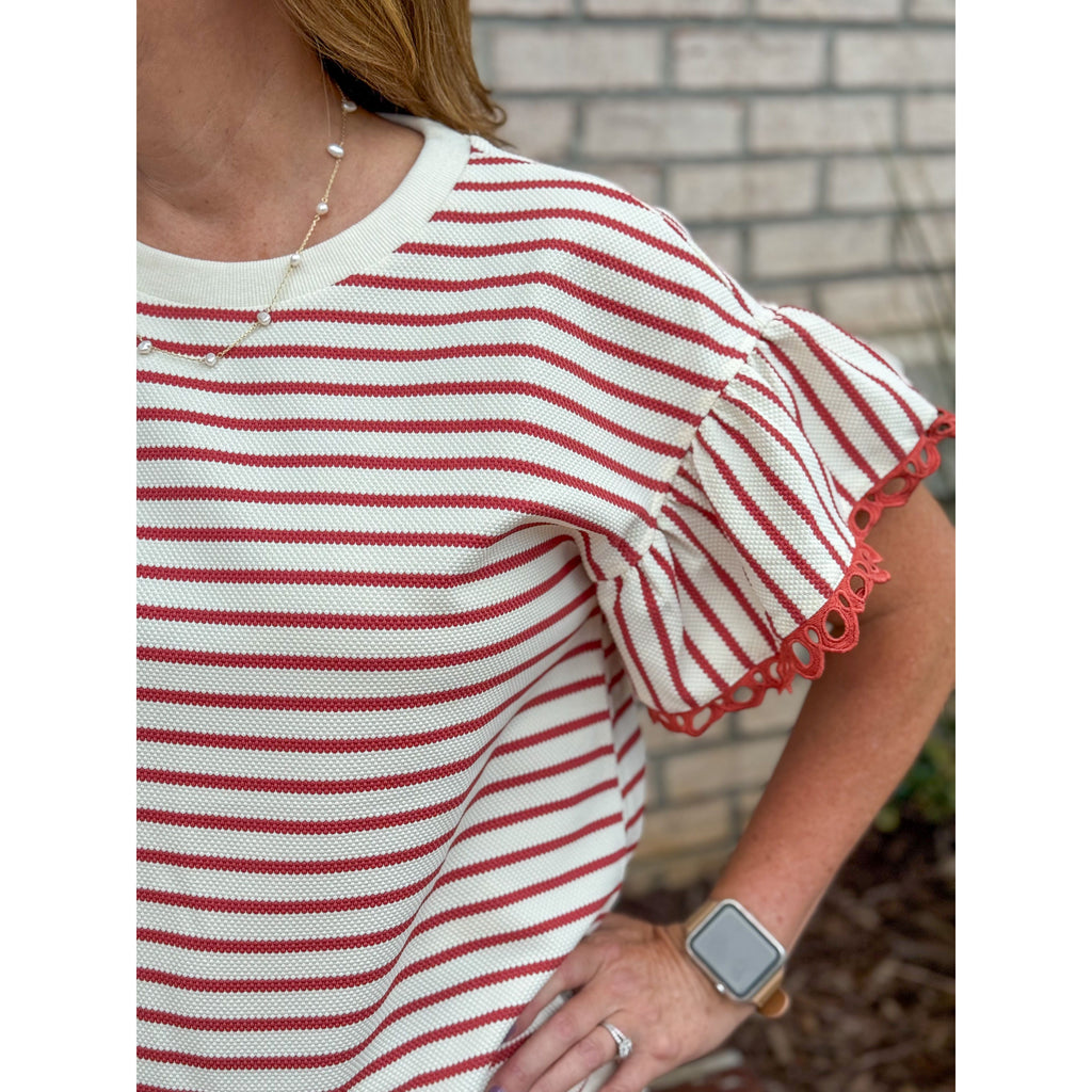 Hanna Striped Short Sleeve with Eyelet Detail Top - Terracotta/Ivory