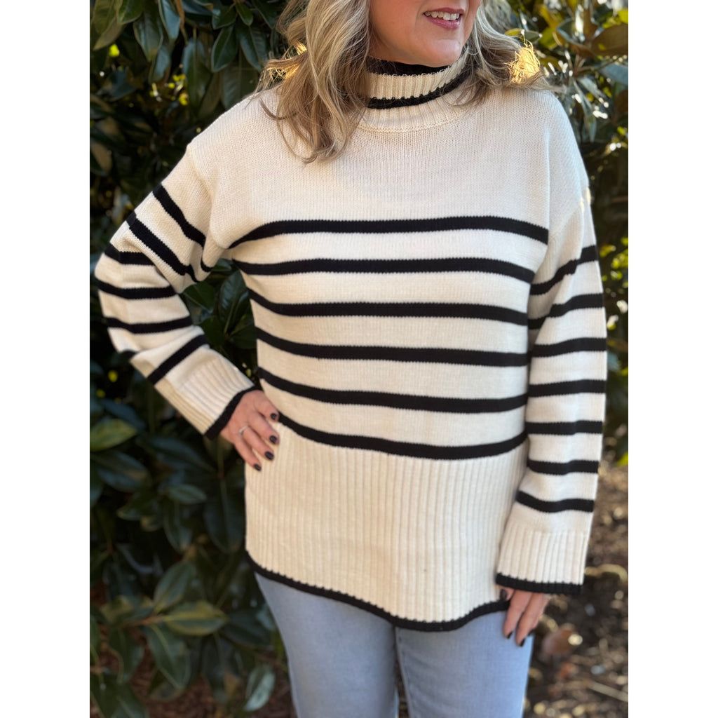 Lindley Stripe Turtleneck Knit Sweater - Natural