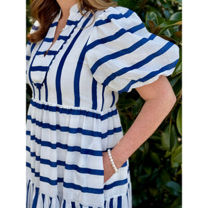 Janna Short Bubble Sleeve Pullover Striped Dress - Navy/White