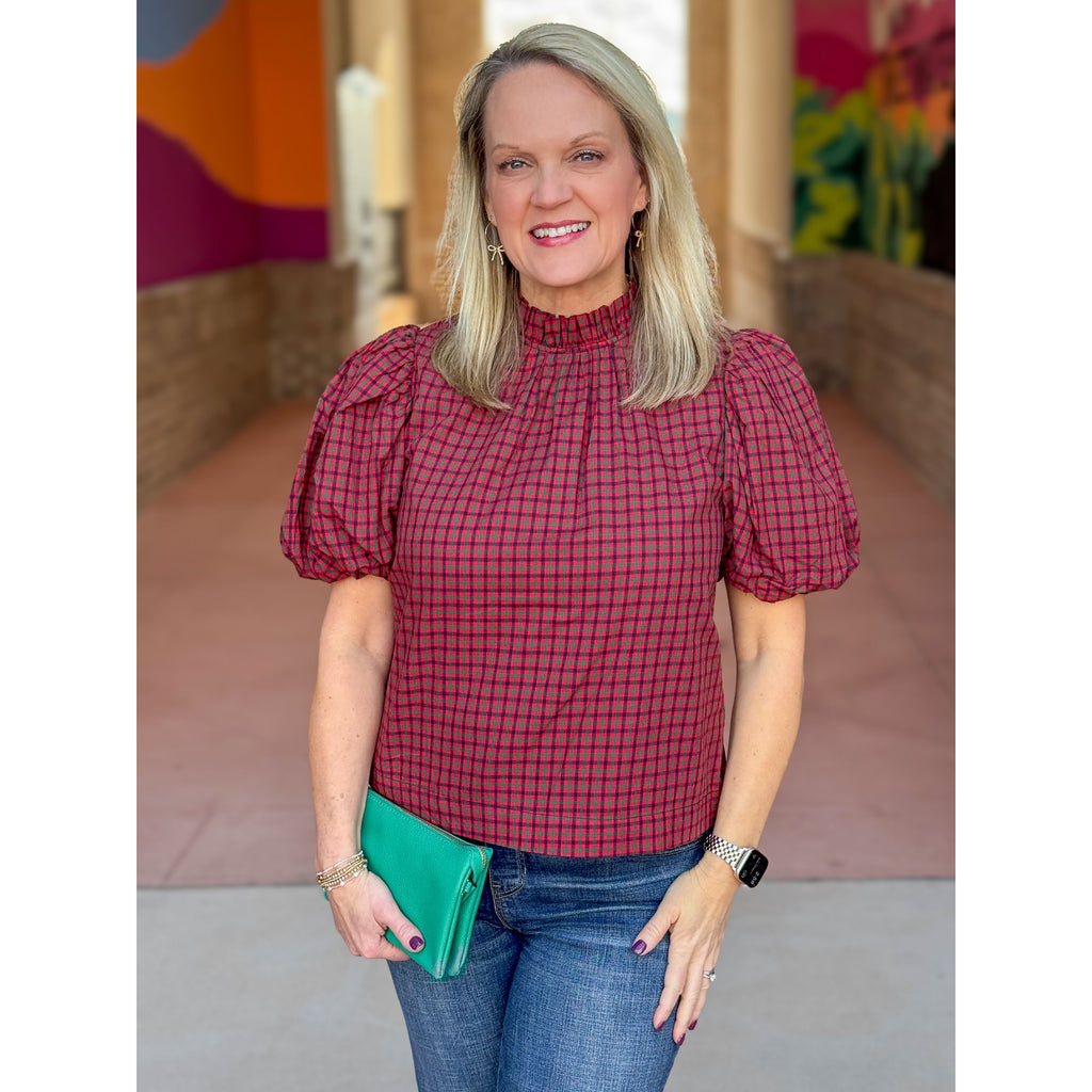Bailey Plaid Ruffled Mock Neck Top - Red