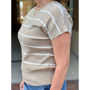 Miranda Striped Crew Neck Short Sleeve Pullover Sweater Top - Taupe