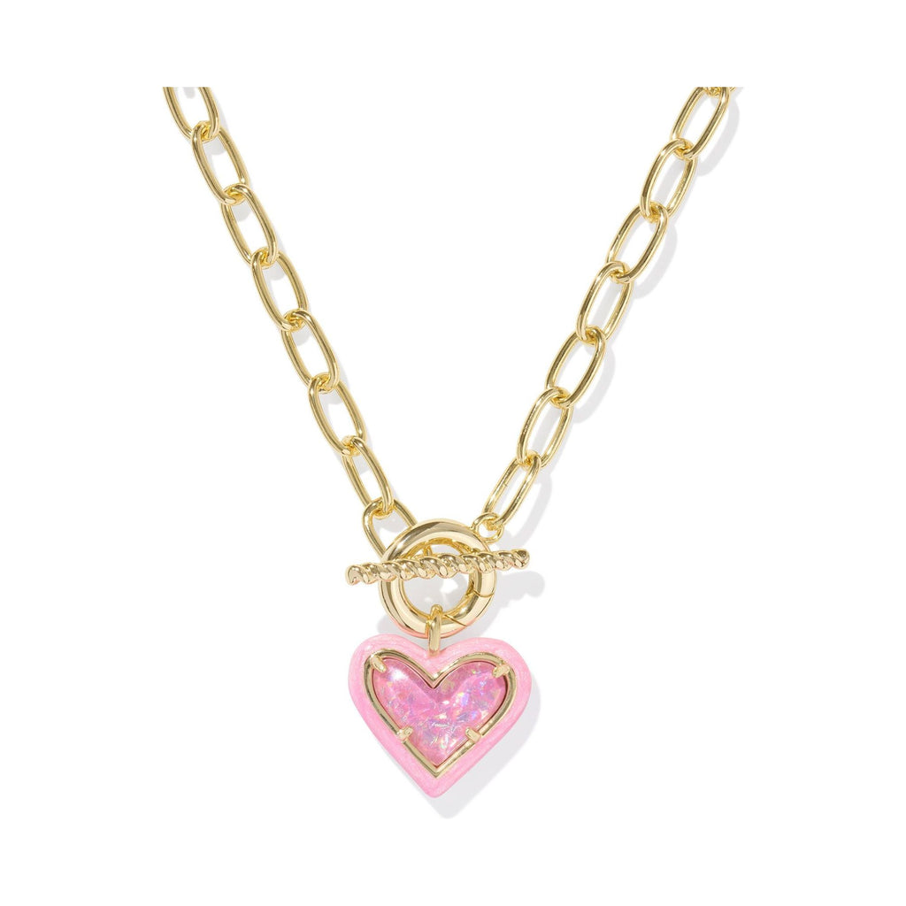 KENDRA SCOTT ARI HEART ENAMEL FRAME LINK AND CHAIN NECKLACE GOLD PINK IRIDESCENT GLITTER GLASS