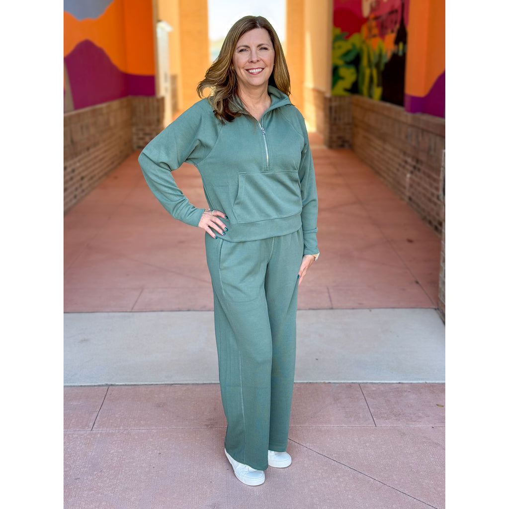 Janice Luxe Sand Wash Rib 1/4 Zip Top - Eldergreen