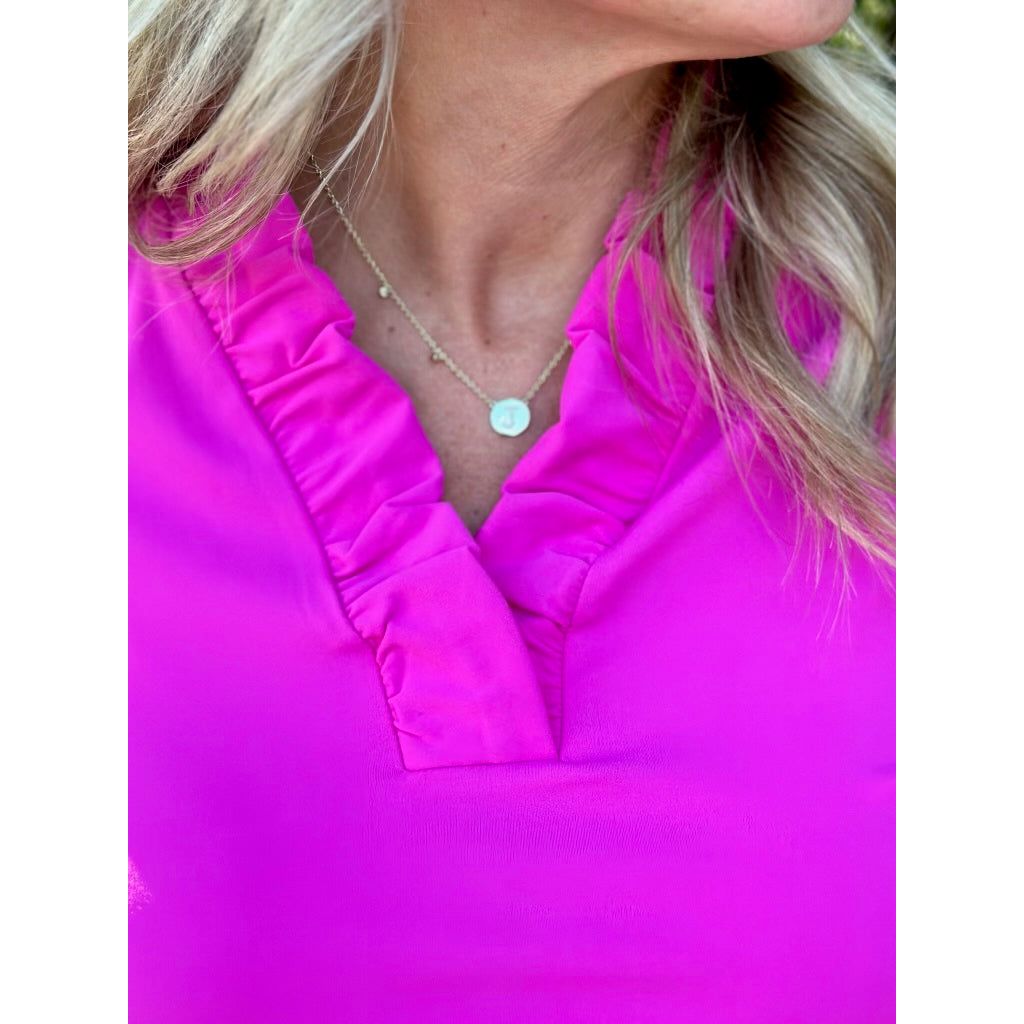 Tabatha Ruffle V Neck Top - Hot Pink