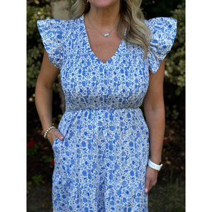 Luray Floral Smocked Tiered Maxi Dress - Blue/White