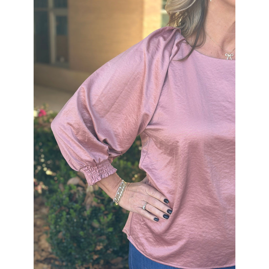 Cadence Round Neck Puff Sleeve Blouse - Dusty Rose