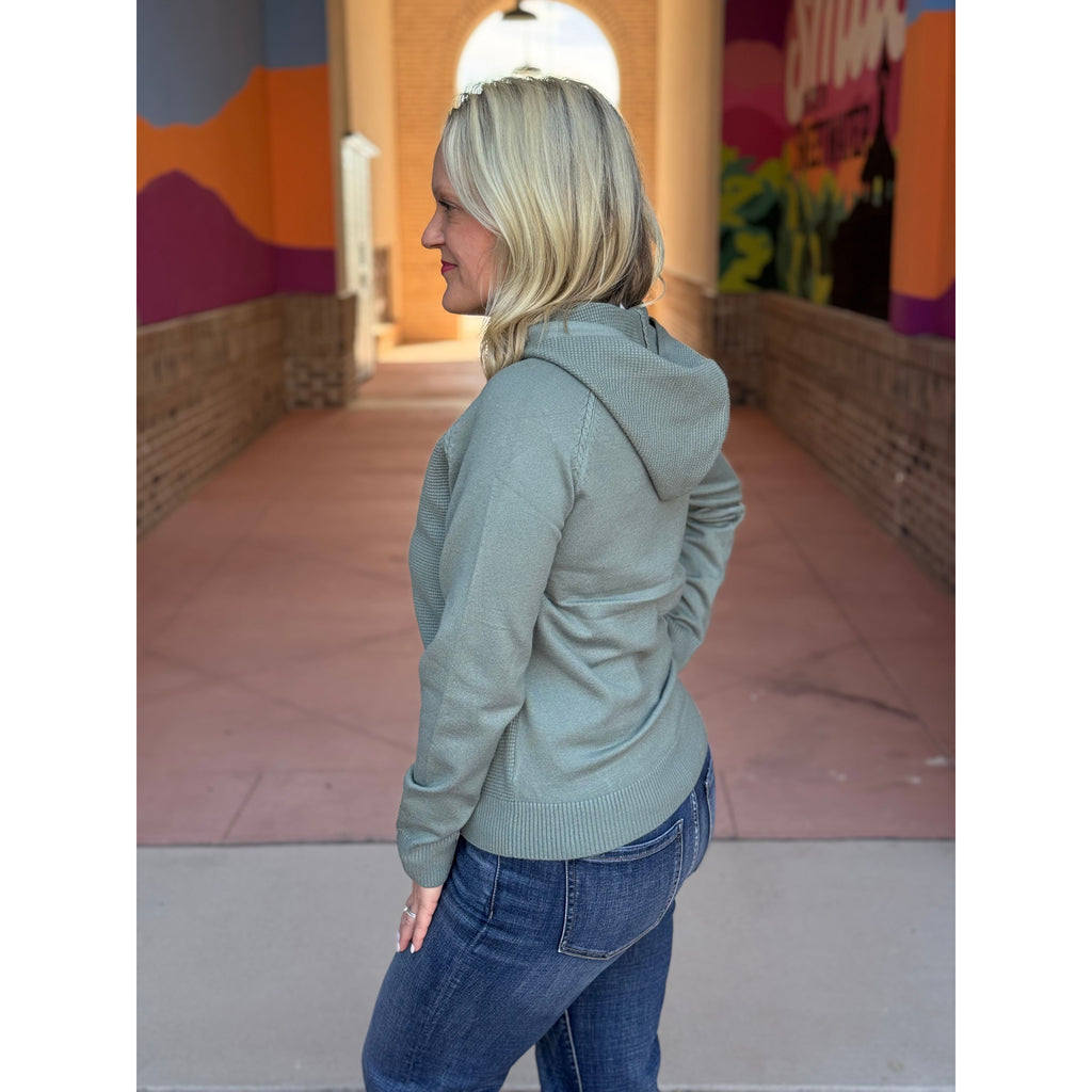 Lydia Waffle Textured Body Raglan Sleeve Hoodie - Dusty Jade