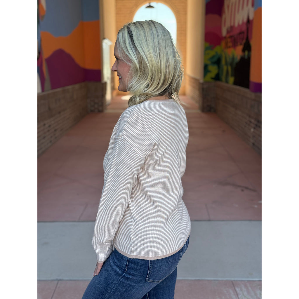 Lillie Waffle Textured Pinstripe Long Sleeve Sweater - Taupe