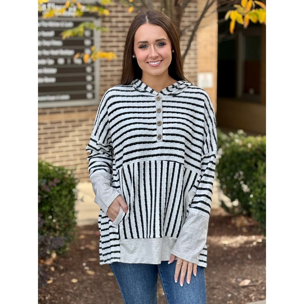 Bentlee Long Sleeve Stripe and Solid Contrast Hoodie Top - Cream/Black